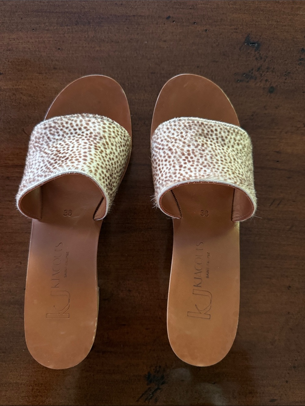 K.Jacques Tan Leather Slide Sandals with Cream Speckled Strap